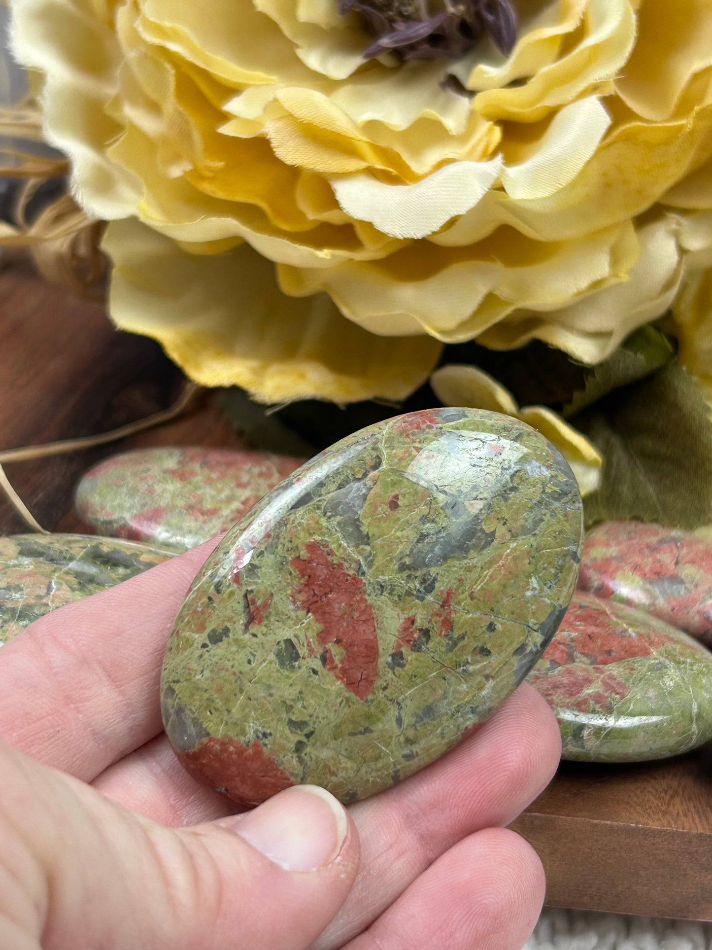 One (1) Unakite Palm Stone - Intuitively Chosen