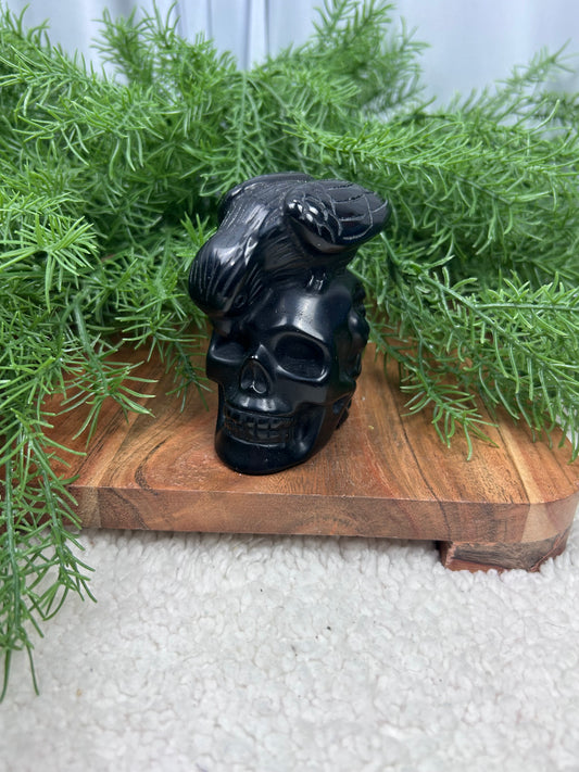 Obsidian Skull with Raven