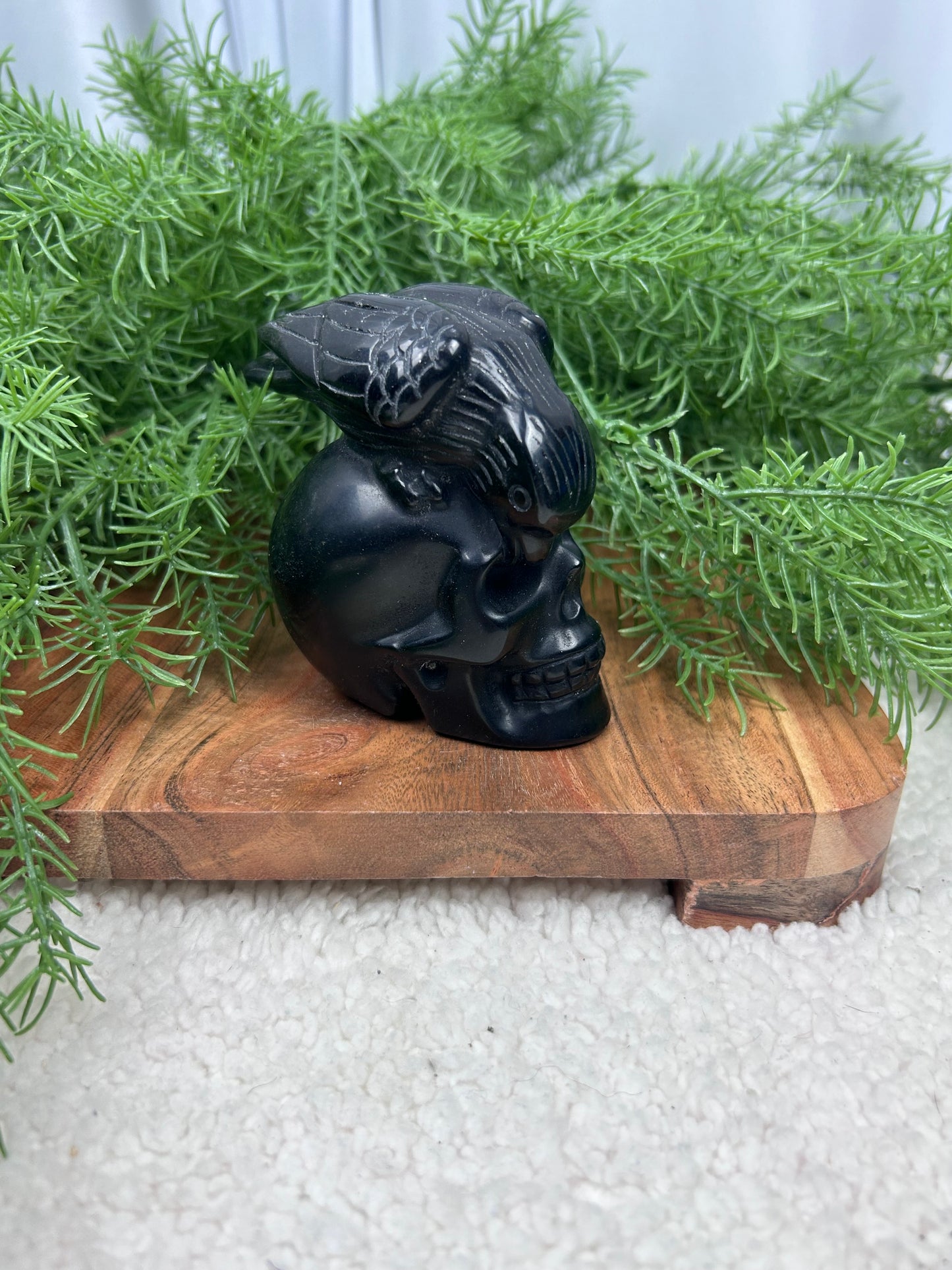 Obsidian Skull with Raven